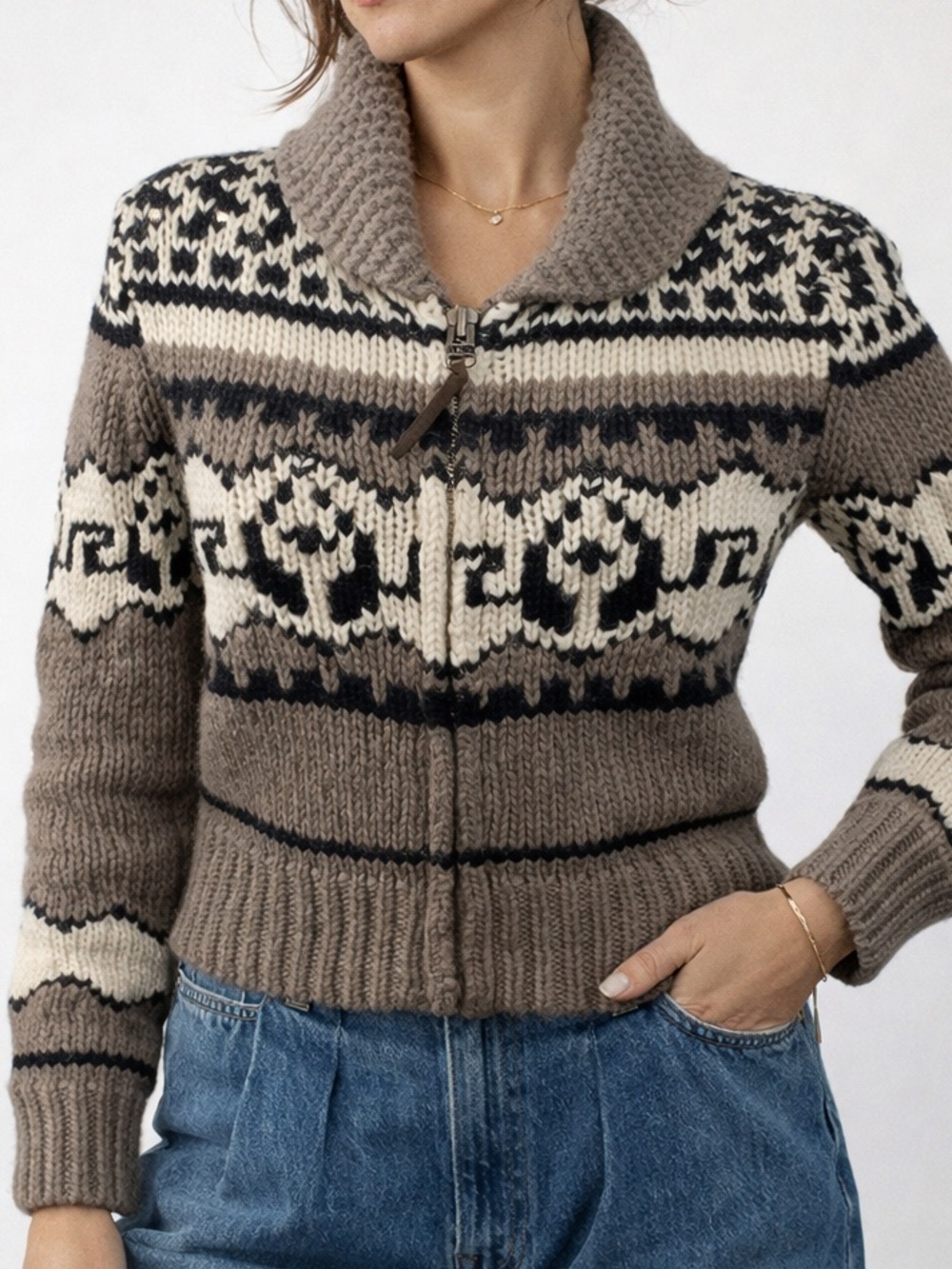Aritzia TNA Sweater Rare Atkinson Lambs Wool Sweater Jacket Cowichan Style XS